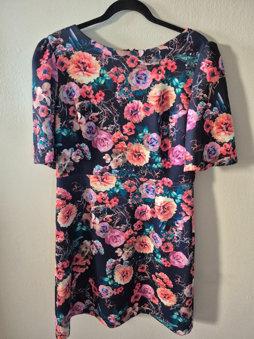 Betsey Johnson Floral Sheath Dress Bell Sleeve Navy Pink Size 12
